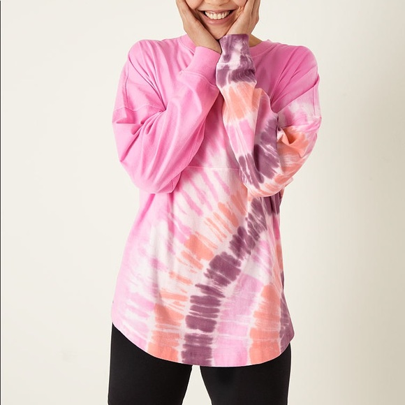 💗VS PINK PINK TIE DYE LOGO VARSITY CREW TEE - Picture 3 of 5